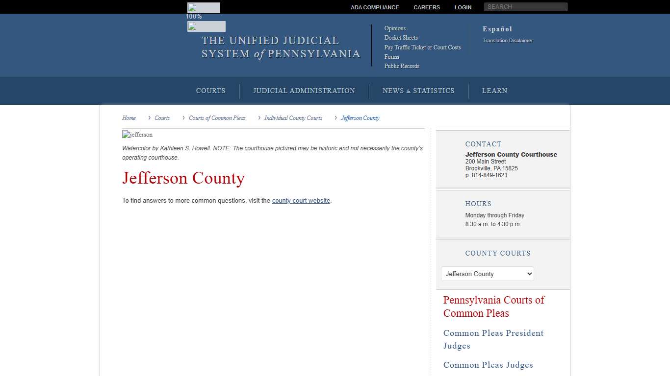 Jefferson County Individual County Courts Courts of Common Pleas Courts Unified Judicial System of Pennsylvania